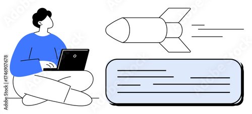 Man seated with laptop observing rocket flying above text box. Ideal for innovation, creativity, productivity, remote work, goal setting, communication, motivation. Simple flat metaphor