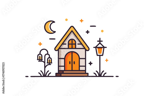 crooked house glowing door lantern hanging above garden