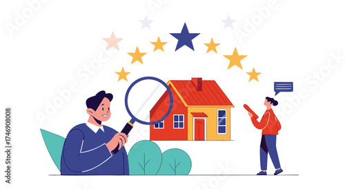 Real estate agent inspecting a house with a magnifying glass for quality assessment.


