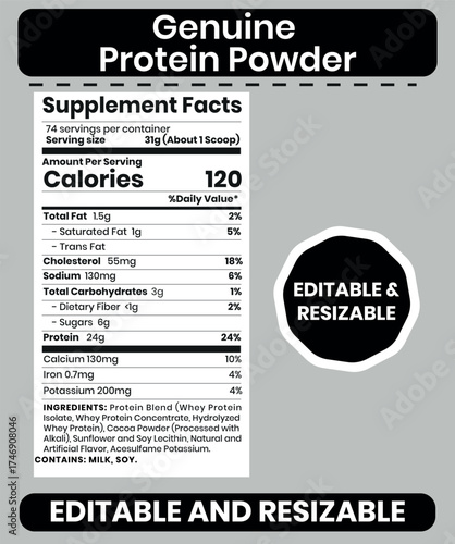 Genuine Protein Powder Supplement Facts Label, Editable Nutrition Panel & Modern Fitness Supplement Packaging Template
