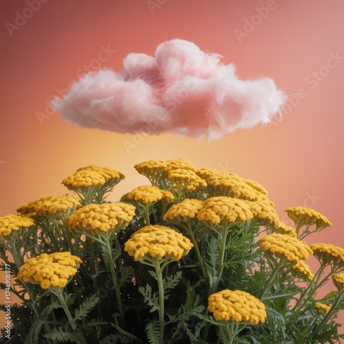 Vibrant yellow yarrow flowers bloom beneath a soft pink fluffy cloud against a gradient sunset