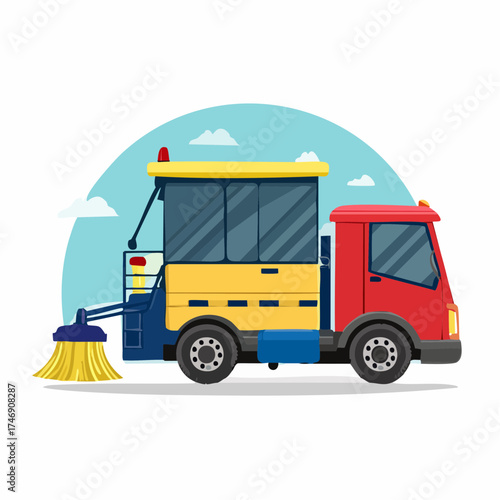 Street Sweeper Truck Cleaning City Roads | Vector Illustration of Sanitation Vehicle