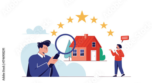 Real estate agent inspecting a house with a magnifying glass for quality assessment.

