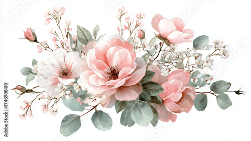 Watercolor floral arrangement featuring pink and white roses with delicate foliage on white background