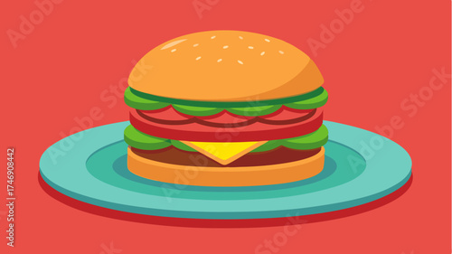 A stylized burger layered with fresh ingredients and served on a bright plate emphasizing mouthwatering textures and colors.