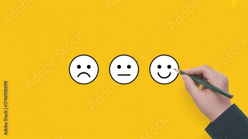 Feedback Moods: A pen draws the line for a happy face on a rating scale. Capturing the concept of customer satisfaction, user experience and consumer feedback.