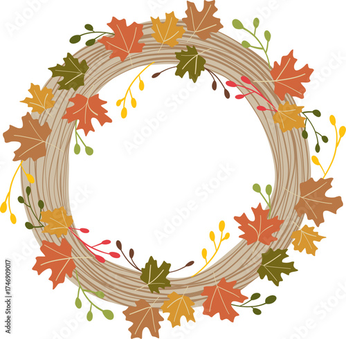Flat Illustration of Autumn Wreath with Colorful Maple Leaves