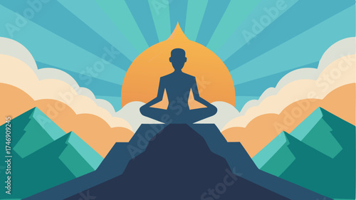 A stylized figure in a meditative pose on a mountain peak with rays of sunlight breaking through clouds in the background.
