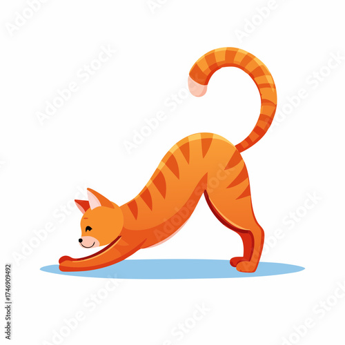 Cheerful Orange Cat Stretching and Relaxing in Playful Cartoon Illustration