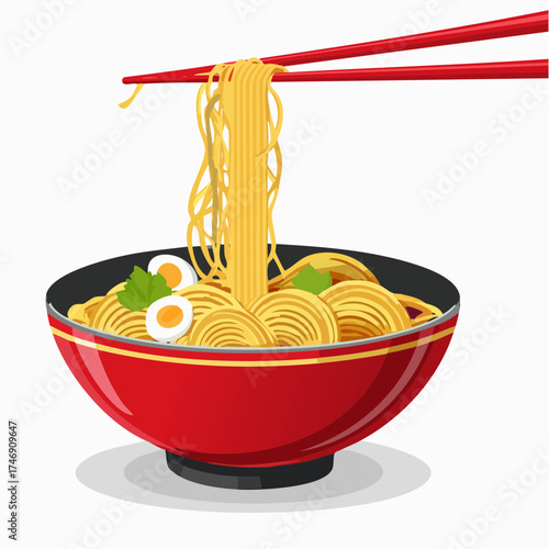 Chopsticks lifting delicious Asian noodles from a red bowl, portraying a delightful culinary scene