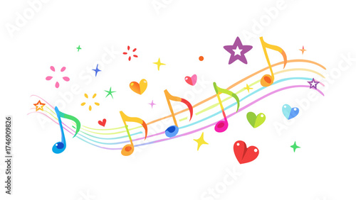 Swirl from rainbow flying musical notes, starry and heart design elements. Creative children music. Colorful vector decoration.vector icon