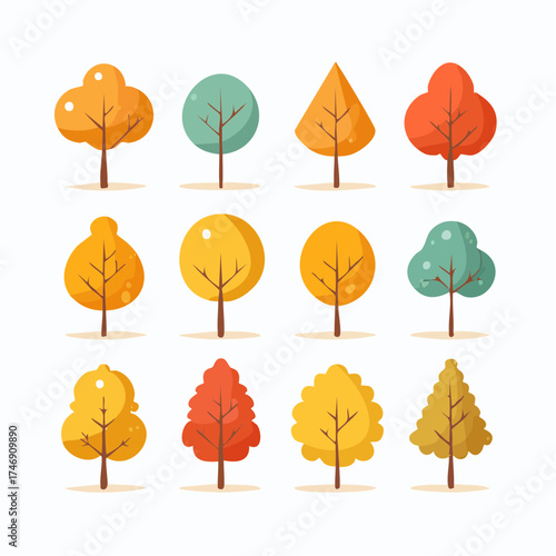 Collection of colorful stylized trees in autumnal and spring hues
