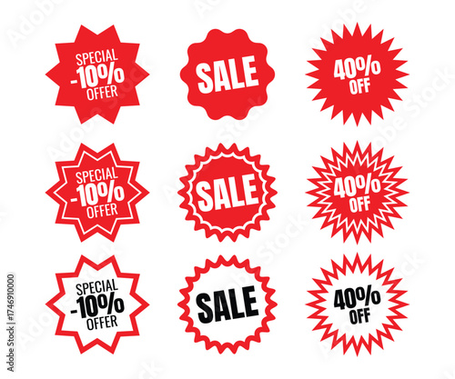 Red Sale Stickers and Discount Tags Vector Set