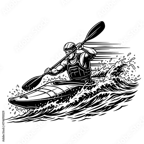 Kayaker paddling through rough waves. Dynamic black and white vector illustration of an extreme water sport for an adventure club logo or t-shirt design.


