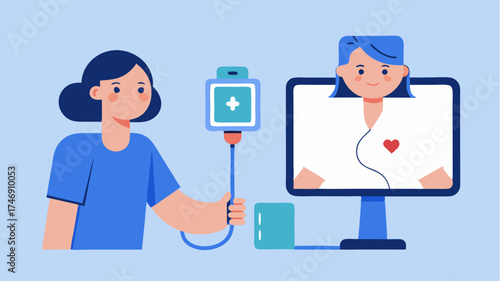 A nurse demonstrating the use of a telehealth device to monitor a patients pressure remotely with data displayed on a connected app.
