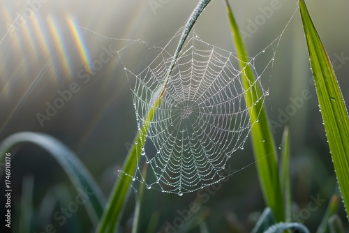 Dew covered spider web glistening in morning sunlight on lush green grass blades