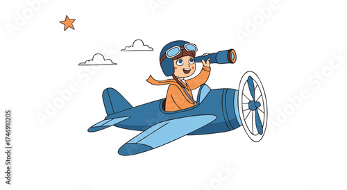 Young pilot flying a vintage airplane with a spyglass.

