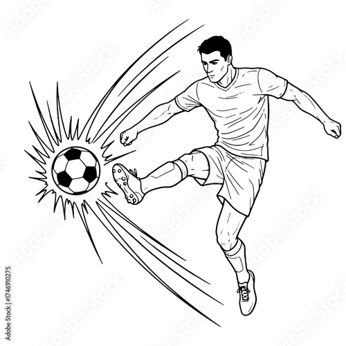 Soccer player executing a powerful kick with a dynamic impact effect. Black and white vector illustration of a football athlete for a team logo or poster.

