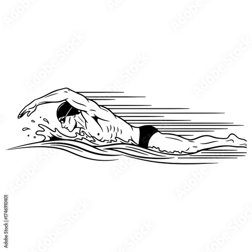 Professional swimmer doing the freestyle stroke at high speed. Dynamic black and white vector illustration of an athlete for a swim competition or team logo.

