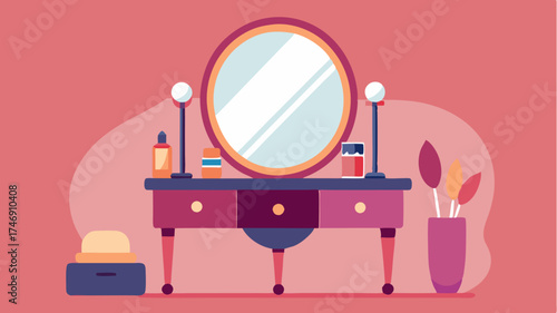 A stylish vanity table adorned with cosmetics a mirror reflecting soft lighting and accessories like brushes and a jewelry box.