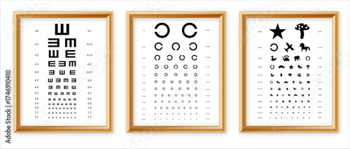 Eyes test charts with latin letters isolated on background. Art design medical poster with sign in golden frame. Concept graphic element for ophthalmic test for visual examination.