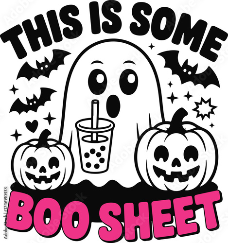 Cute cartoon ghost holding a bubble tea drink surrounded by pumpkins and bats with text this is some boo sheet