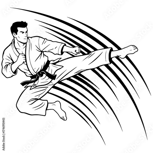 Martial artist with a black belt doing a flying kick. Dynamic black and white vector illustration of a karate or taekwondo fighter for a dojo logo or t-shirt.

