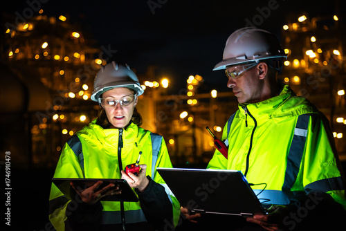 Team of construction engineers in uniforms and helmets examine project with tablet Industrial plant or oil refinery background at night