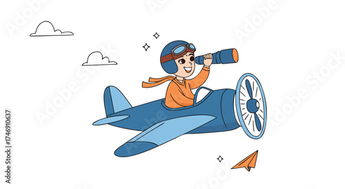 Young pilot flying a vintage airplane with a spyglass.

