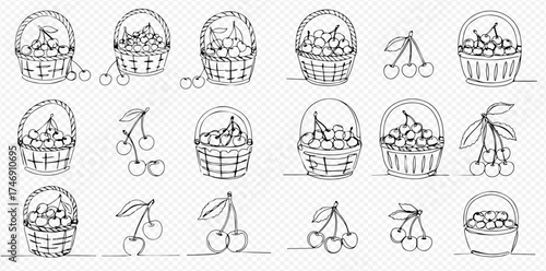 A collection of line art illustrations featuring baskets filled with cherries and individual cherry clusters.