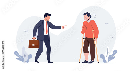 Manager scolds injured employee who is using crutches.




