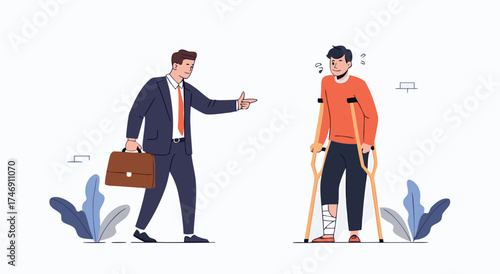 Manager scolds injured employee who is using crutches.



