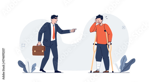 Manager scolds injured employee who is using crutches.



