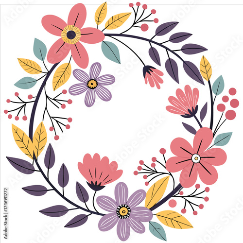 Colorful Floral Wreath on White Background – Decorative Botanical Circle for Seasonal and Event Design