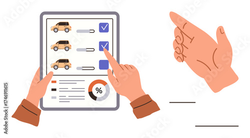 Tablet displaying car comparison chart with checklist and percentage graph. Hand selecting option. Ideal for decision-making, evaluation, car purchase, analysis, research, planning, automotive