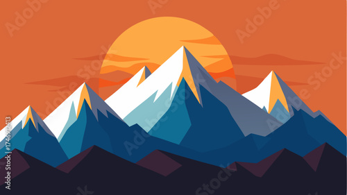 A mountain range skyline with a rising sun reflecting the thrill of mountain climbing and exploration.