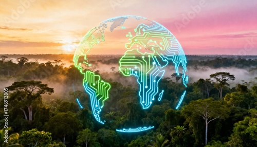 Sustainable tech revolution in nature aerial view of green innovations in a lush environment