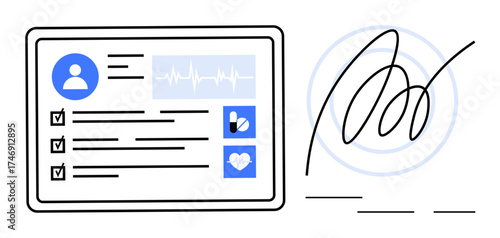 Health profile interface with user info, vital signs, medical icons, and digital signature. Ideal for healthcare, telemedicine, data sharing, digital consent, medical records electronic