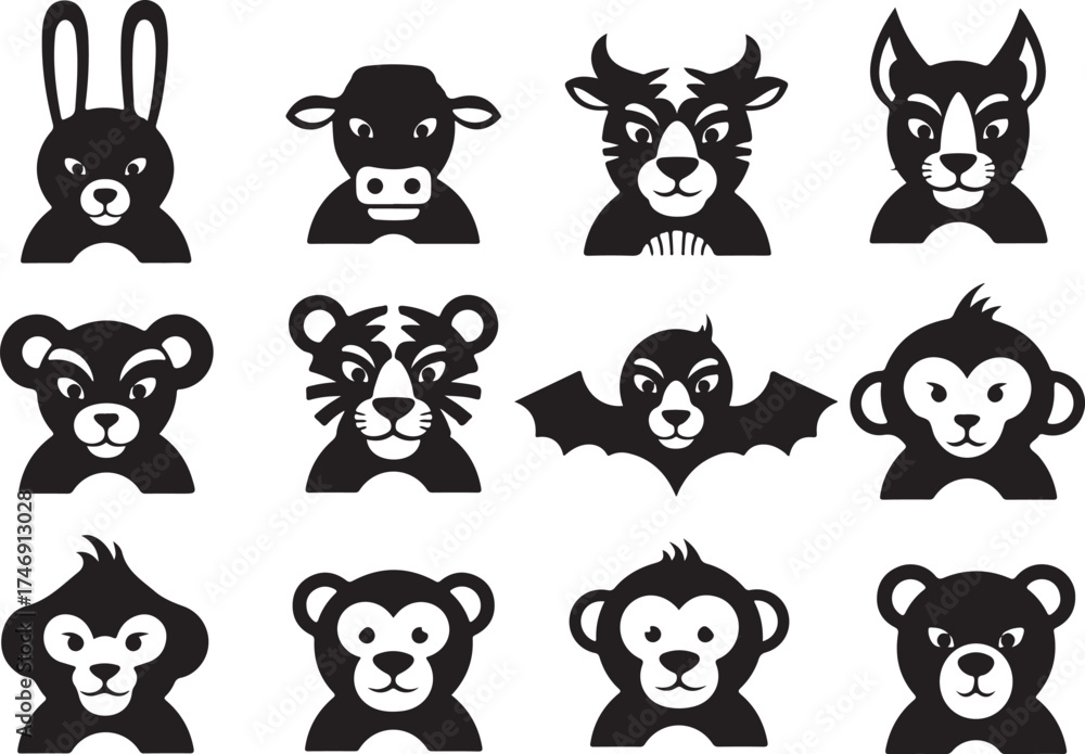 Fototapeta premium Twelve distinct black and white animal faces representing chinese zodiac symbols graphic elements vector