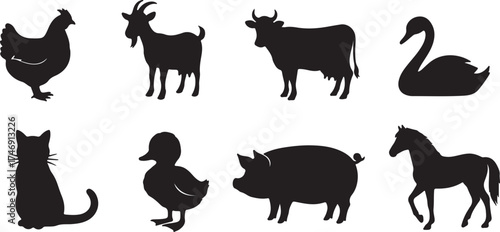 Diverse farm and domestic animal silhouettes collection for educational and decorative use vector