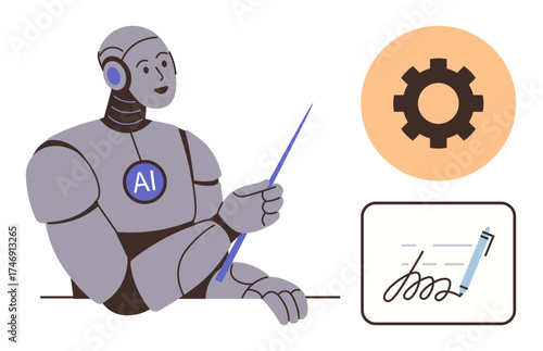AI robot presenting with a pointer, a gear for automation, and a digital signature pad. Ideal for technology, AI, robotics, automation, education innovation business processes. Simple flat metaphor