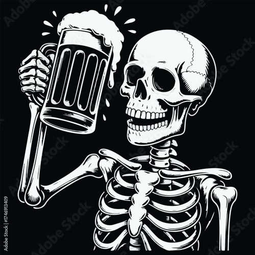 Skeleton holding a frothy beer mug in a toast against a dark background