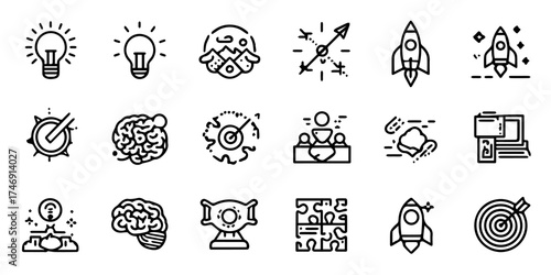 Collection of hand drawn line art icons representing business startup innovation and success