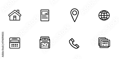 Collection of eight simple line art icons representing home document location globe calculator package phone and files isolated on white background