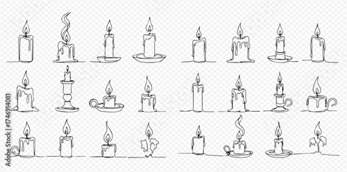 Collection of hand-drawn candle illustrations in various shapes and sizes.