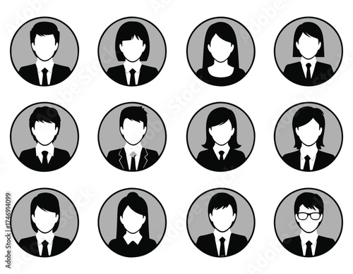 Collection of twelve monochrome business people avatar icons for user profiles.