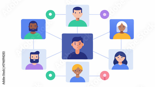 An interactive network hub showcasing multiple video call windows each displaying diverse avatars engaging in discussions and sharing virtual documents in realtime.