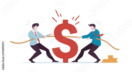 Two businessmen are playing tug of war over a large dollar sign.

