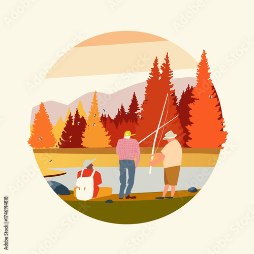 Fishing in Autumn Forest Lake. Tall pine trees, calm water, and distant mountains, capturing a peaceful and relaxing outdoor scene. Male Friendship. Circle design, round frame