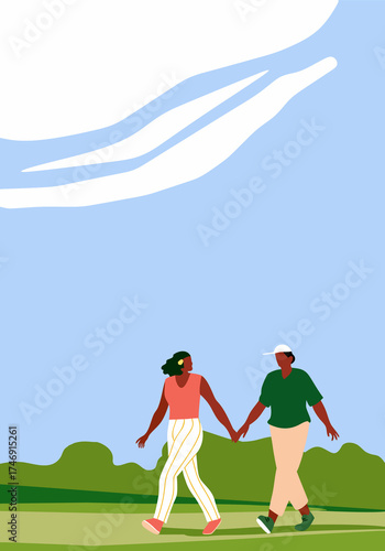 Two Women Walking Outdoors on a Summer Day. Two women walking hand in hand in a green landscape with blue sky and distant hills